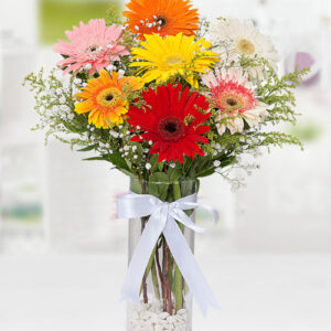 Kristal Cam Vazoda Renkli Gerbera Aranjmanı